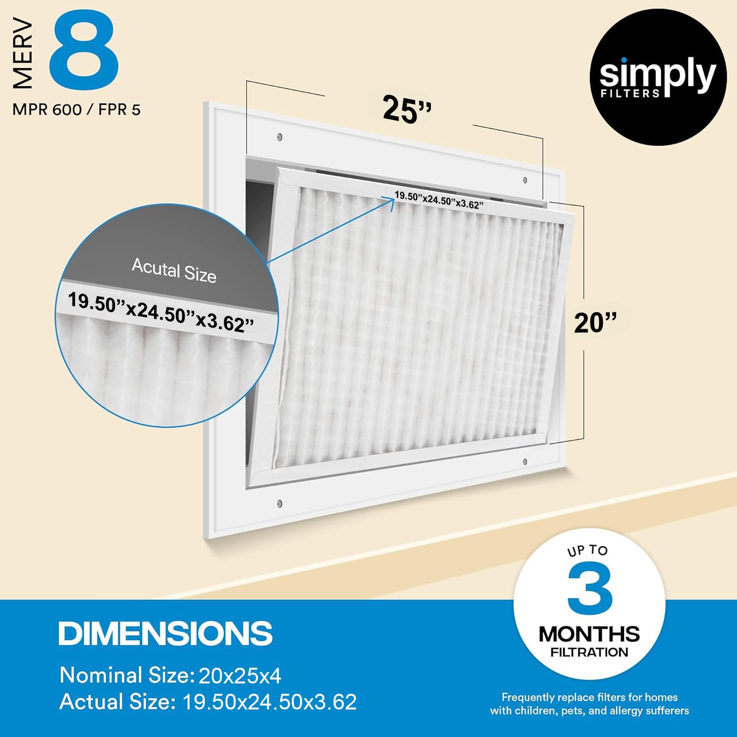 Simply 20x25x4 Air Filter, MERV 8, 4 Pack, Furnace Air Filter for HVAC (Actual Size:19.5"x24.5"x3.63") DUST, Pet, & Allergy Control — view 2