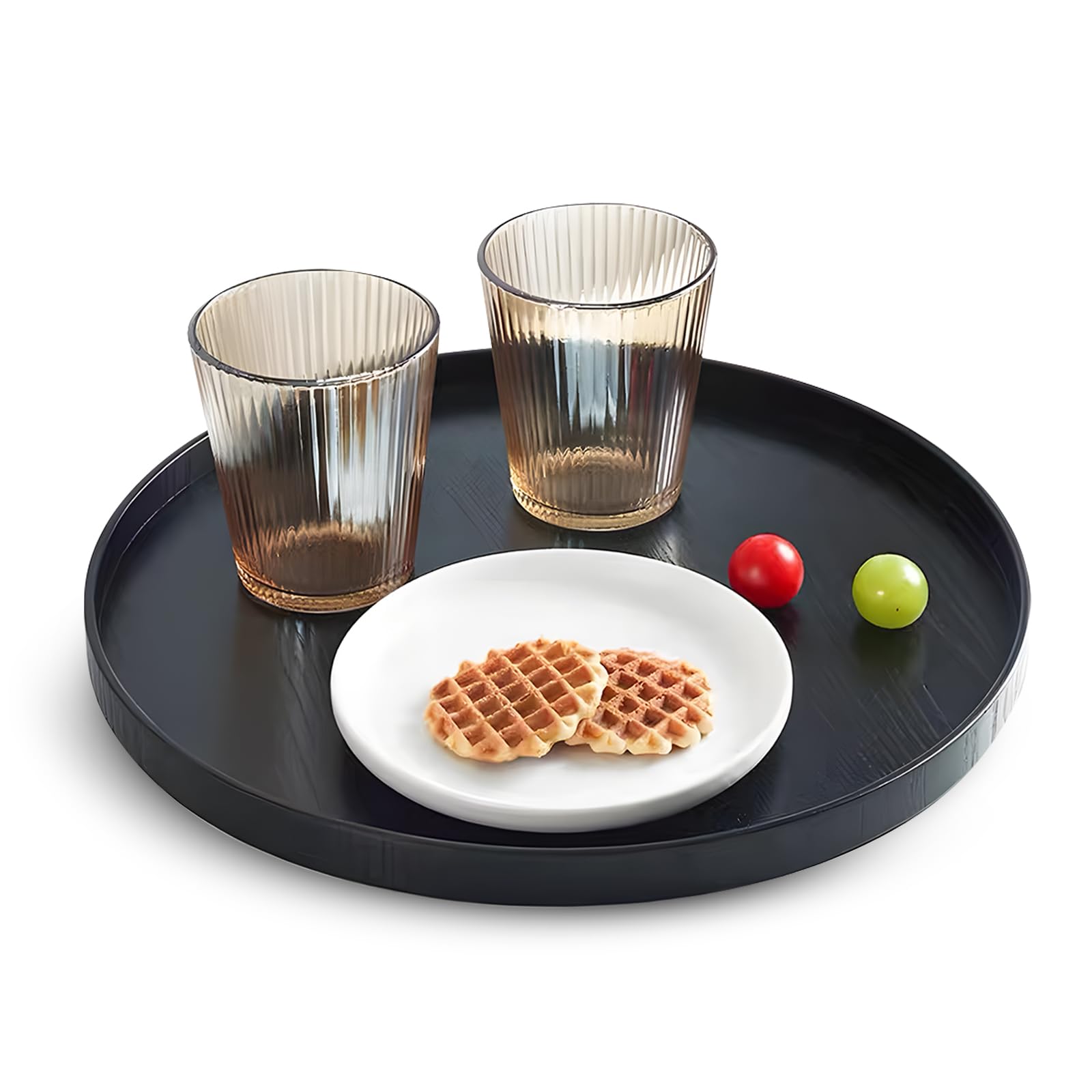 Buachois Black Round Wooden Tray,30Cm Serving Solid Wood Japanese Creative Hotel Fruit Storage Decorative Tray Restaurant Wooden Tea Etiquett Beverages Dessert Dinner Breakfast Plate