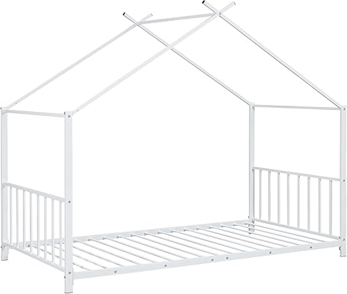 Miniatura 189 de Cama de casa de tamaño individual con diseño de valla y techo, marco de cama de metal, marco de cama de piso doble, base de cama Montessori de Color