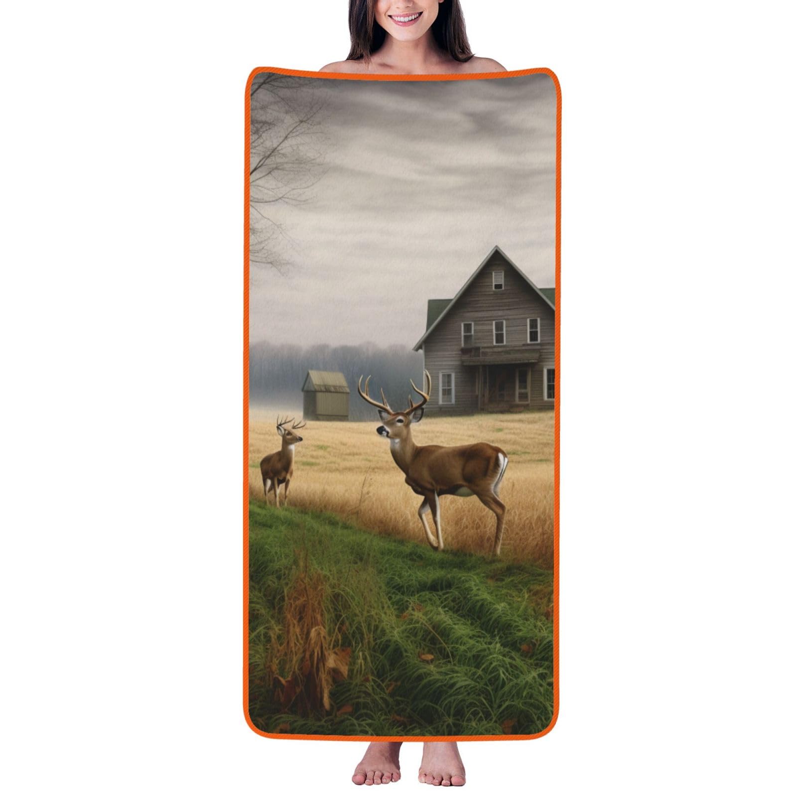 WPKJU Farm with Deer Printed Bath Towel with Orange Edging - 27x55 in Soft Extra Absorbent Coral Velvet Shower Towels for Bathroom