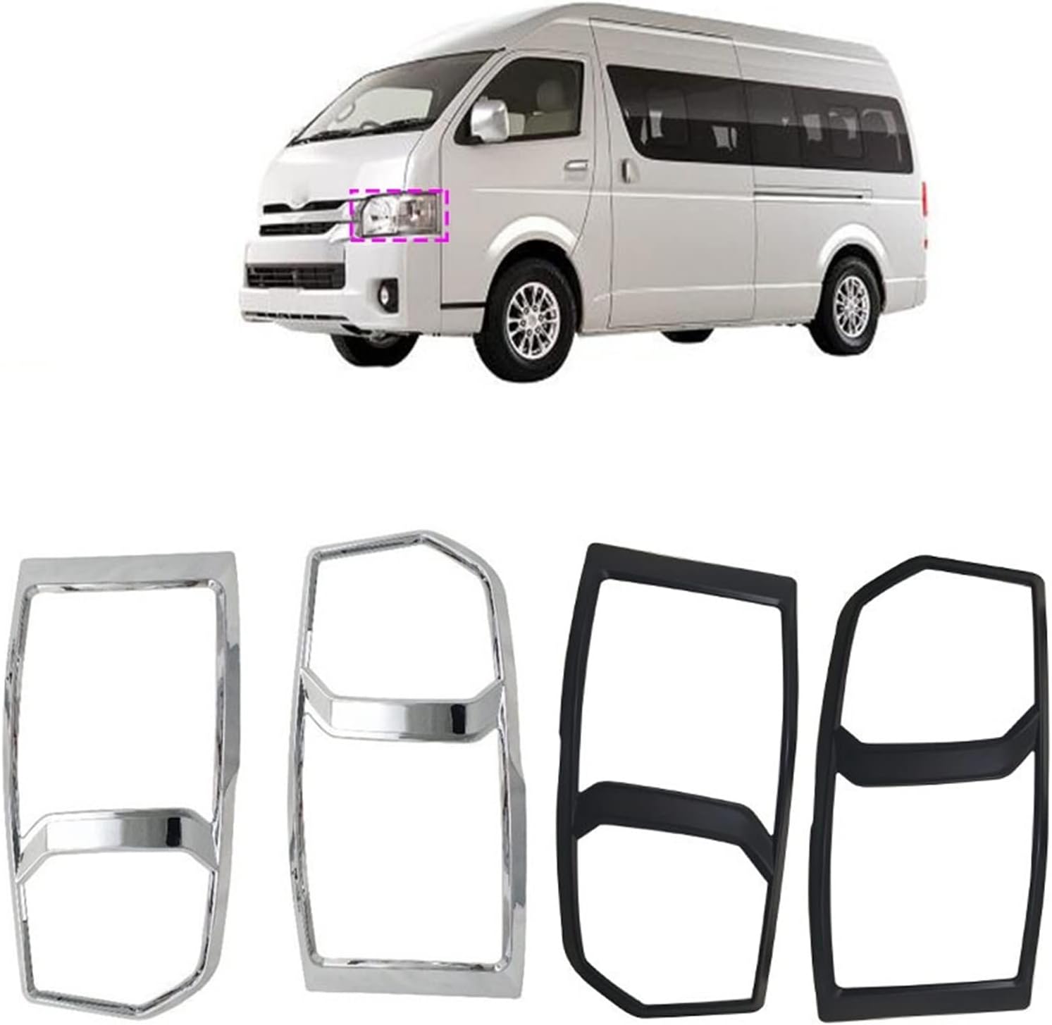 2pcs Chrome Matte Black Headlight Cover Trim Head Lamps Shell Frame Decoration Car Accessories Compatible with Toyota Hiace 2016 ABS(A)