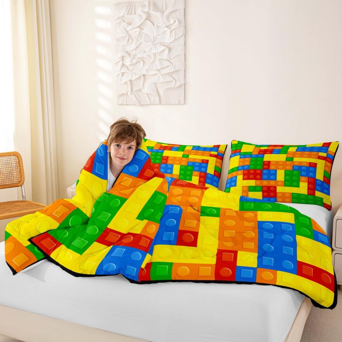 Castle Fairy Kids Games Comforter Set Queen Size Construction Bedding Sets 3Pcs for Child Boys Girls Room Decor, Color Building Blocks Gaming Quilt Set with 2 Pillowcases Soft Microfiber