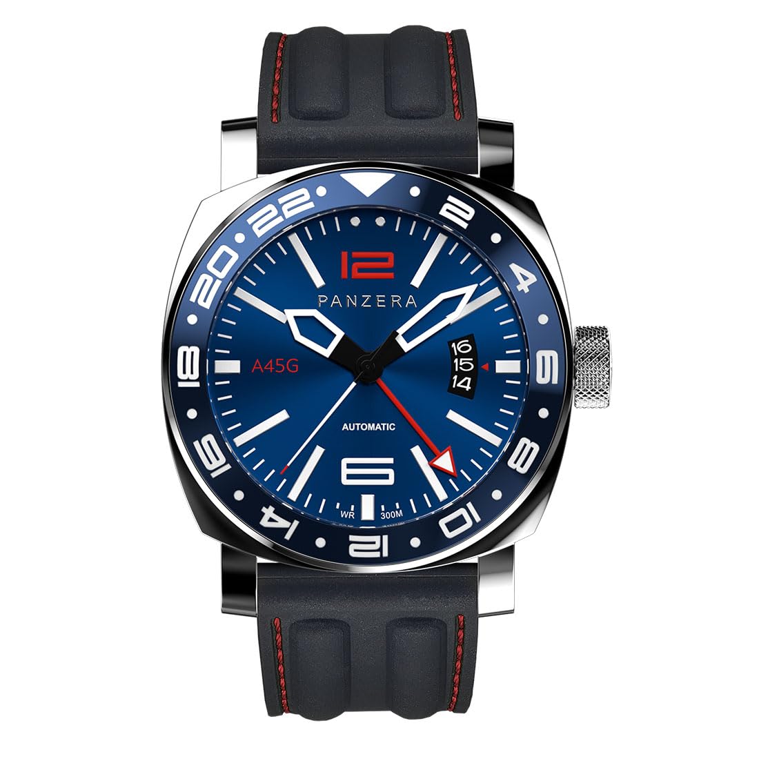 Panzera Aquamarine 45G automatyczny mechaniczny stal niebieski czarny szafir data silikonowa GMT zegarek męski