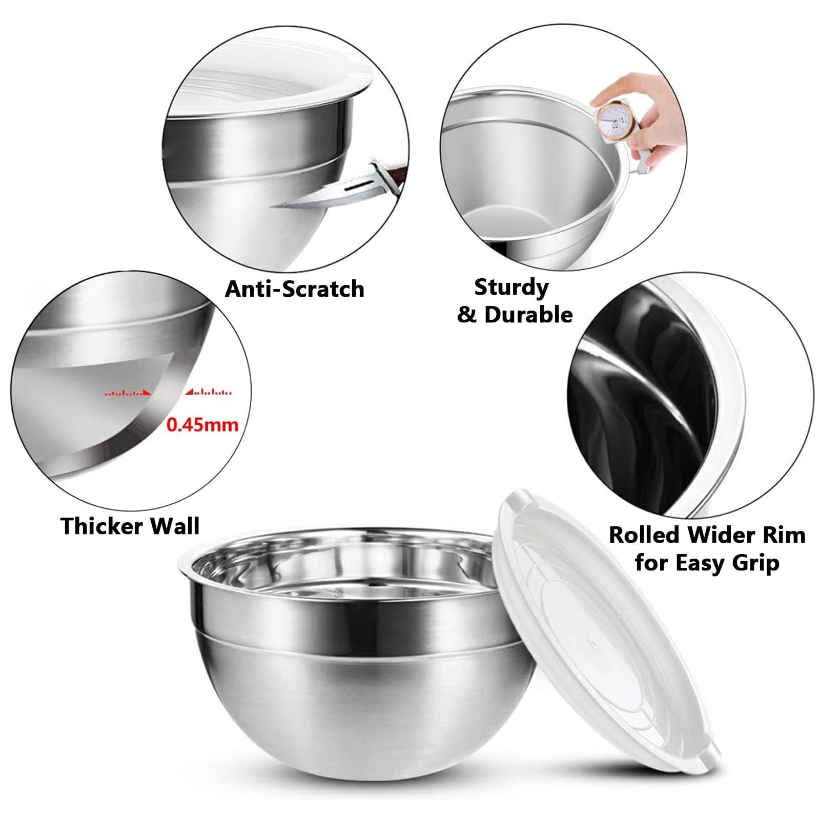 Luvan 18/10 304 - Set di 6 ciotole in acciaio INOX (0,96,1,45,1,8,2,5,3,2,4 litri), con coperchi ermetici, per riporre lo spazio, coperchi senza BPA, ideali per mescolare, cuocere e preparare