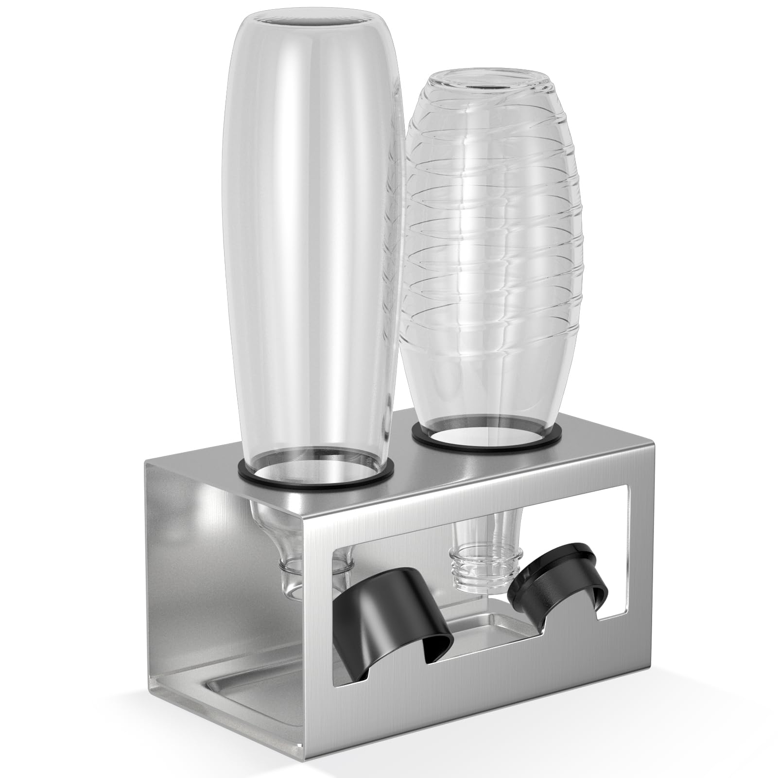 HOMMAND Flaschenhalter für SodaStream Crystal und Emil Flaschen, Edelstahl Flaschenhalter Abtropfgestell Abtropfständer für 2 Flaschen, mit Silikonschutzringe, Abtropfschale und Deckelhalter Silber
