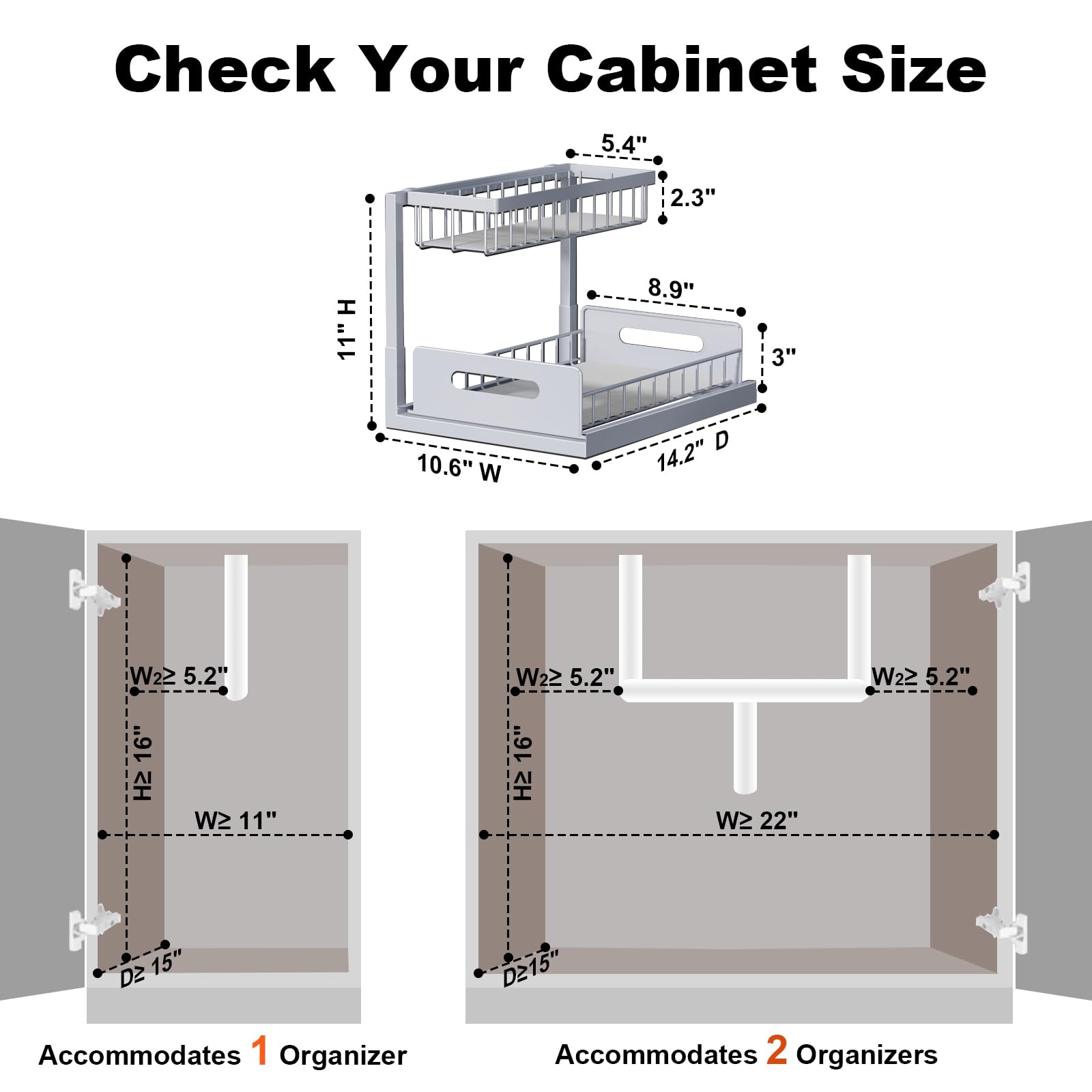 REALINN Organizzatore sotto il lavandino, organizer estraibile per armadietto, a 2 livelli, ripiano per lavello da cucina, bagno, grigio, 1 confezione