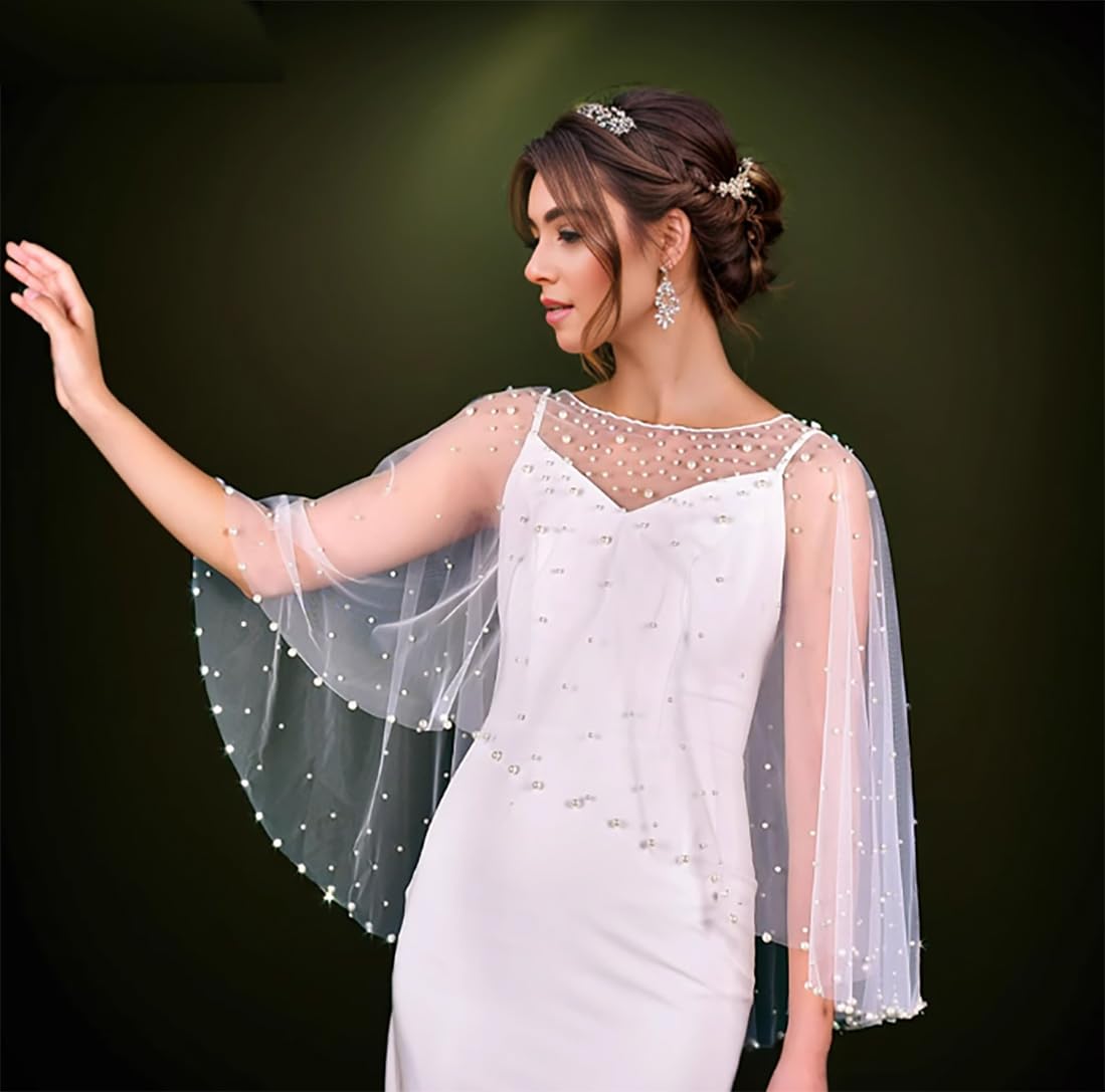 Capa de tul con cuentas de organza suave, capa de gasa elegante capa corta con perlas sintéticas, bufanda de cuello nupcial para novia, fiesta, boda, vestido de noche (1#)