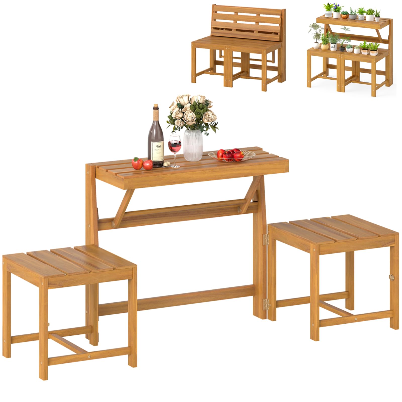 TANGZON 3-in-1 Convertible Garden Dining Set, Interchangeable Acacia Wood Garden Bench Loveseat/Tiered Plant Stand, Foldable Outdoor Dining Furniture Sets for Backyard Lawn Balcony Poolside