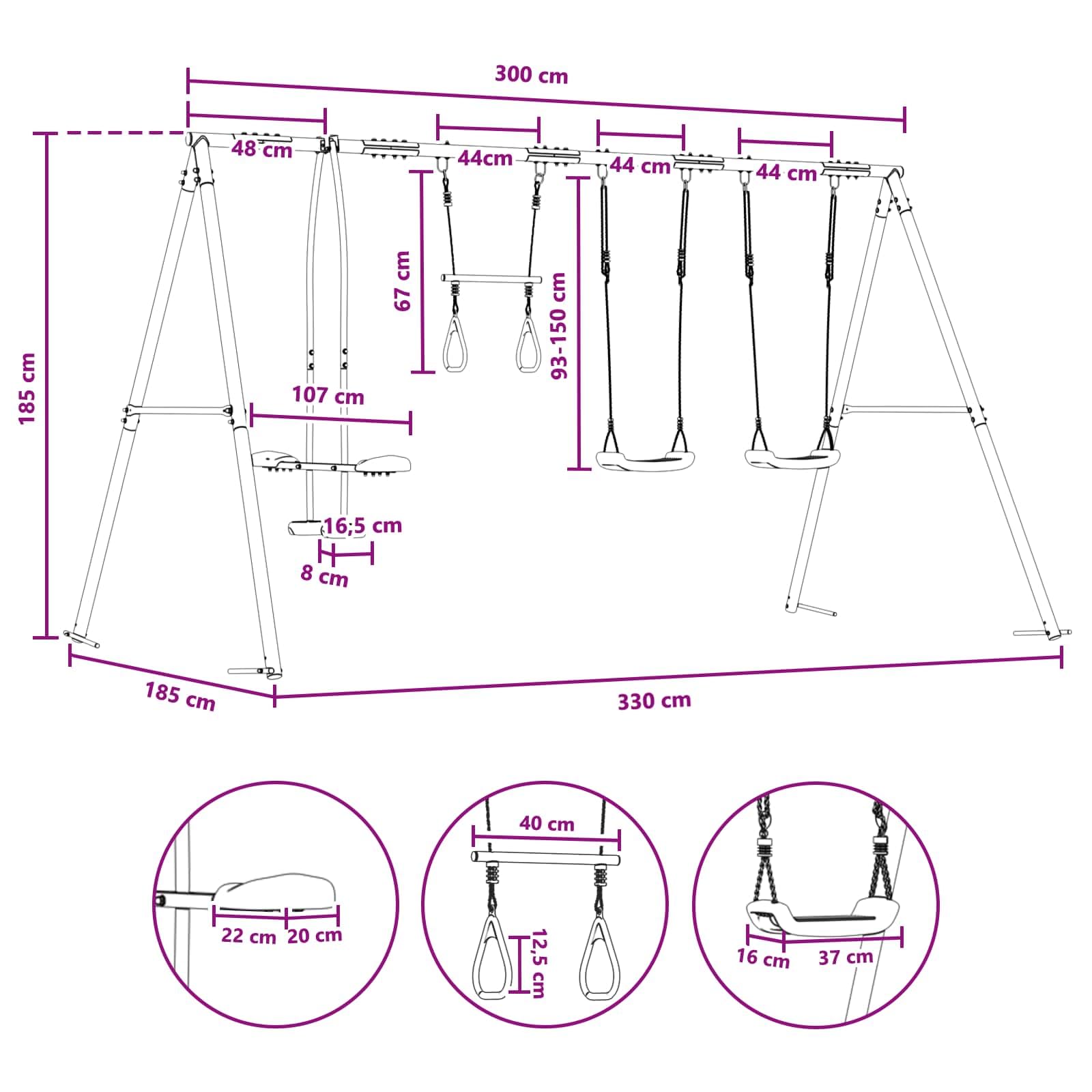 Juego de columpio para exteriores, multicolor, con marco de acero y polietileno, resistente a la intemperie, 330 x 185 x 185 cm, para jardín, patio, asiento ajustable, juguete de jardín para