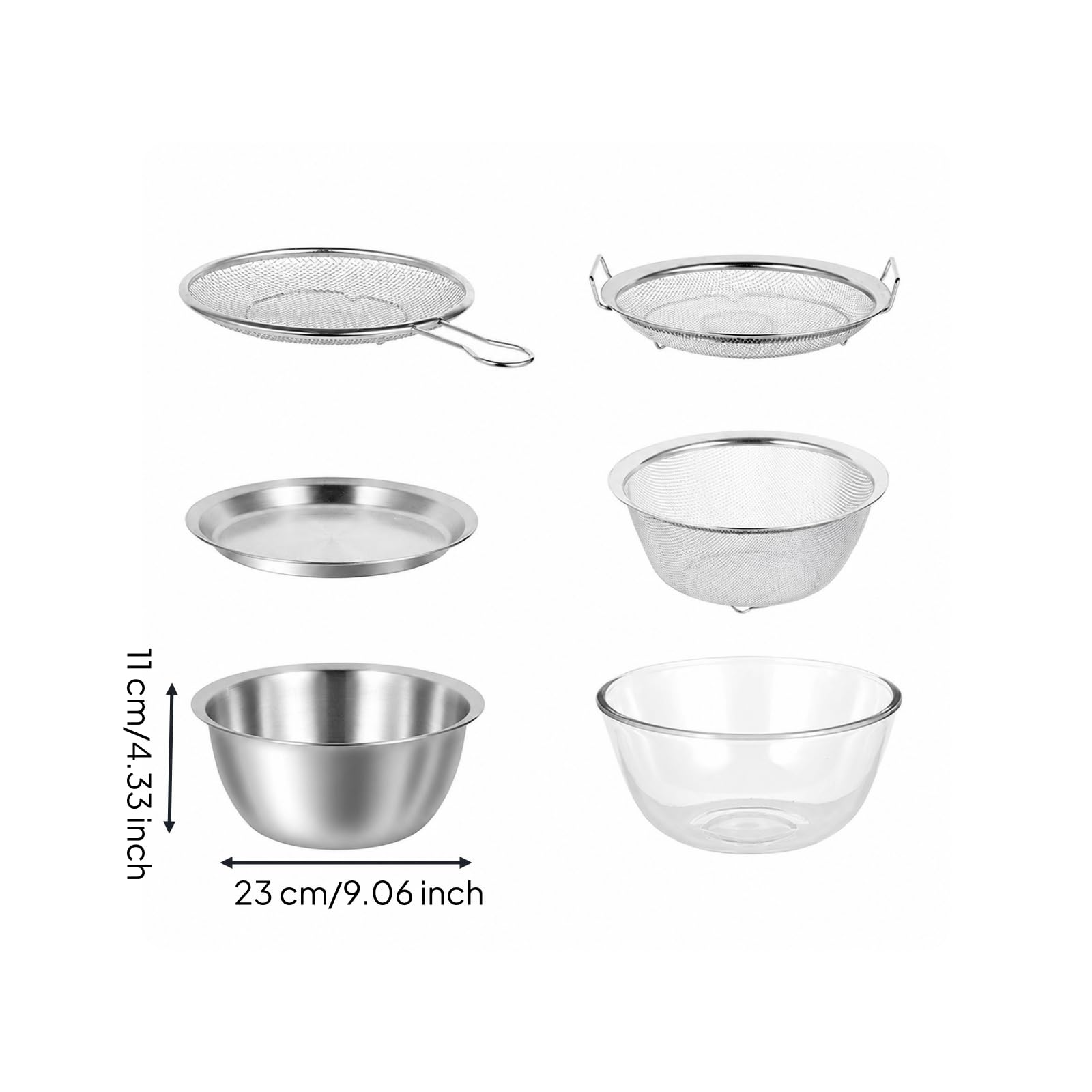 6 Pezzi Set da in Acciaio Acciaio Inossidabile Borosilicato Compatto Set da Impilabile con Cestino Drenante Salvaspazio Scolapasta