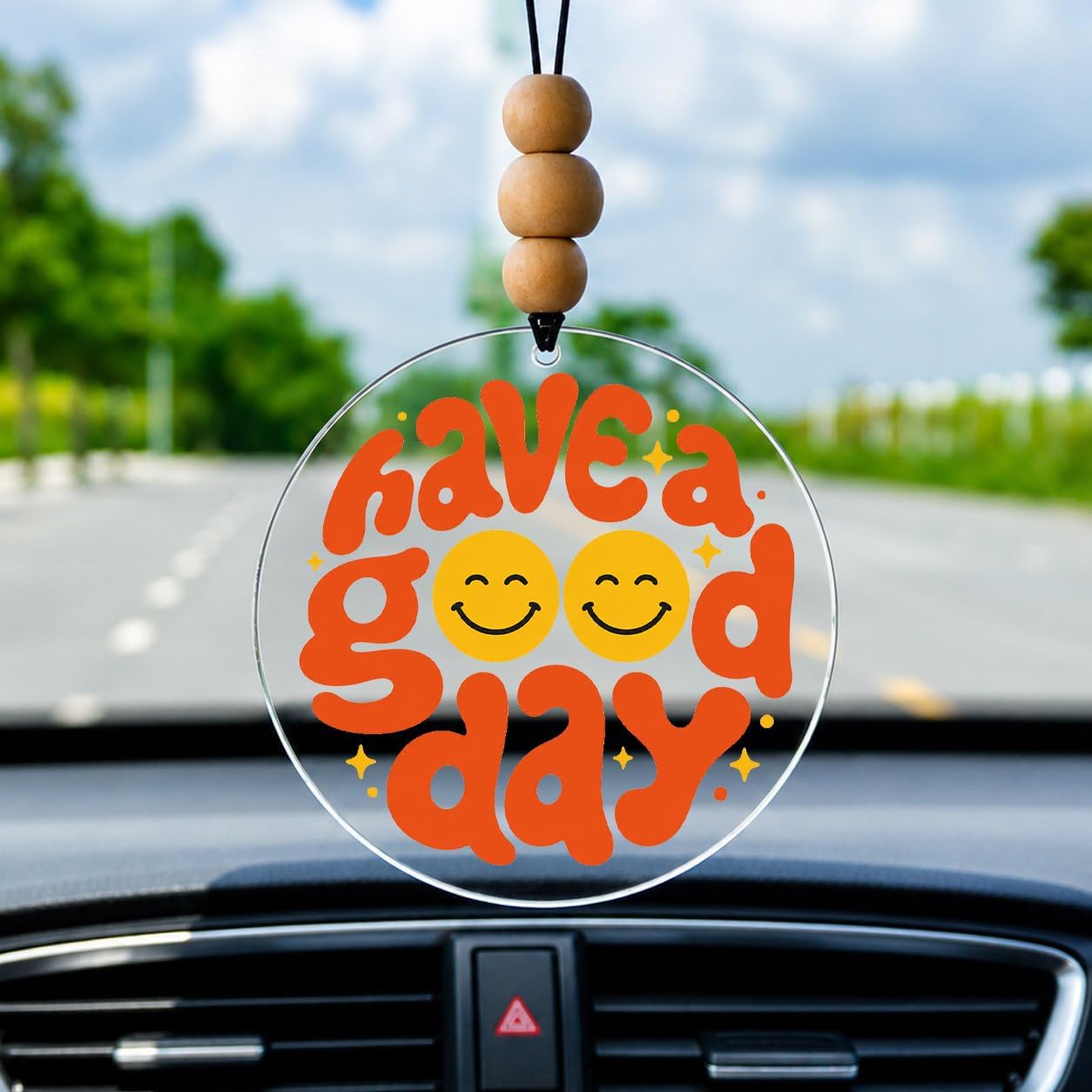 Talataca Have A Good Day 2D Flat Car Ornament & Wood Beads, Happy Smiley Face, Inspirational Quote Beaded Rear View Mirror Accessories, Rearview Hanging Charm, Christmas Tree Decor