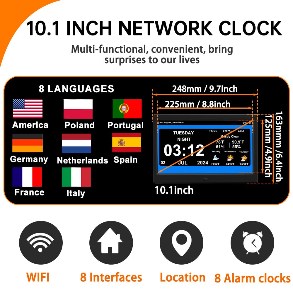 2024 10.1\" Digital Weather Clock With Temperature & Humidity - WiFi, Alarm, Large Font For Seniors, Remote Control