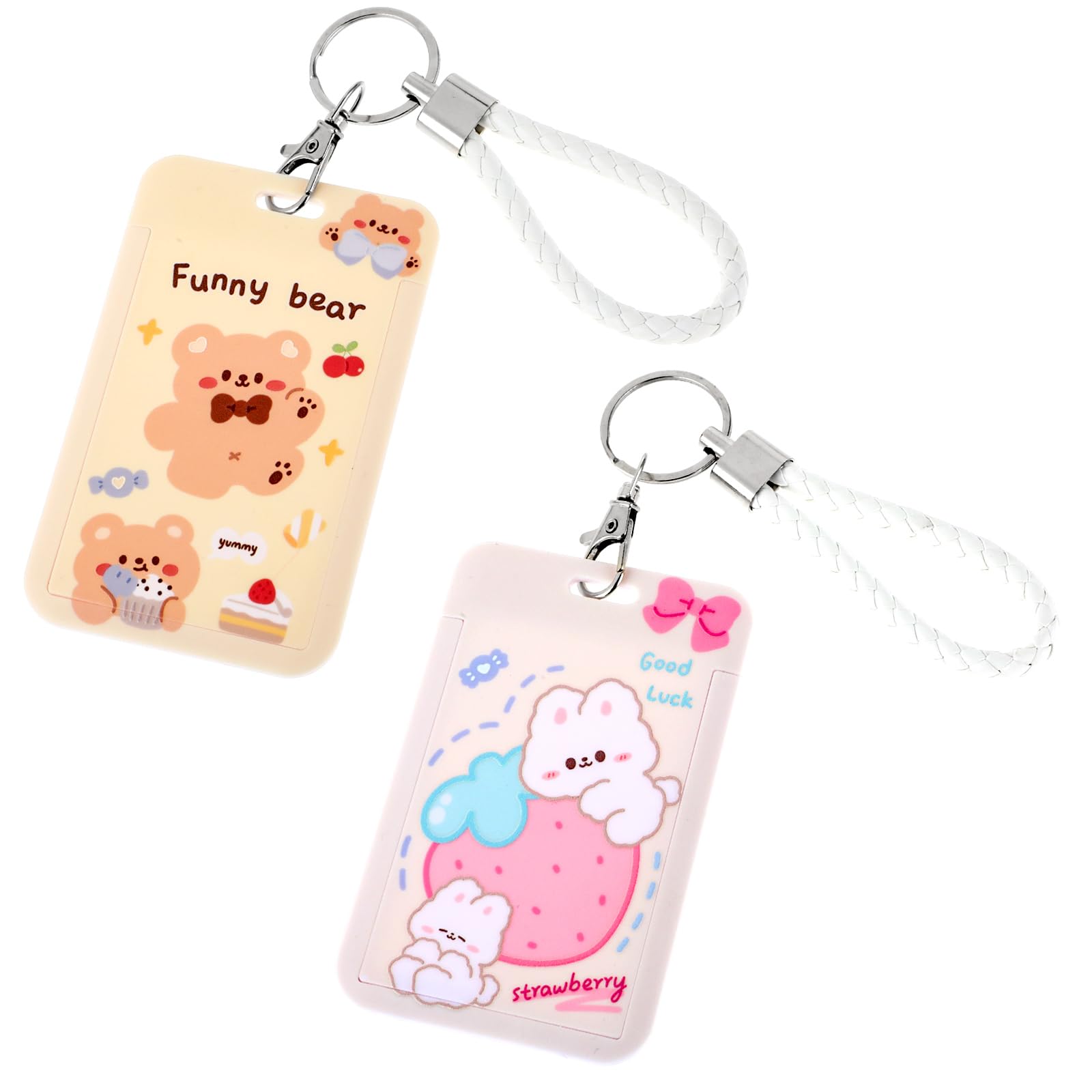 Amabro 2 PCS Photocard Holder, Cute Cartoon Bear Bunny ID Badge Card Holder PC Holder Idol Bank Credit Card Case Student Bus Card Pendant Keychain
