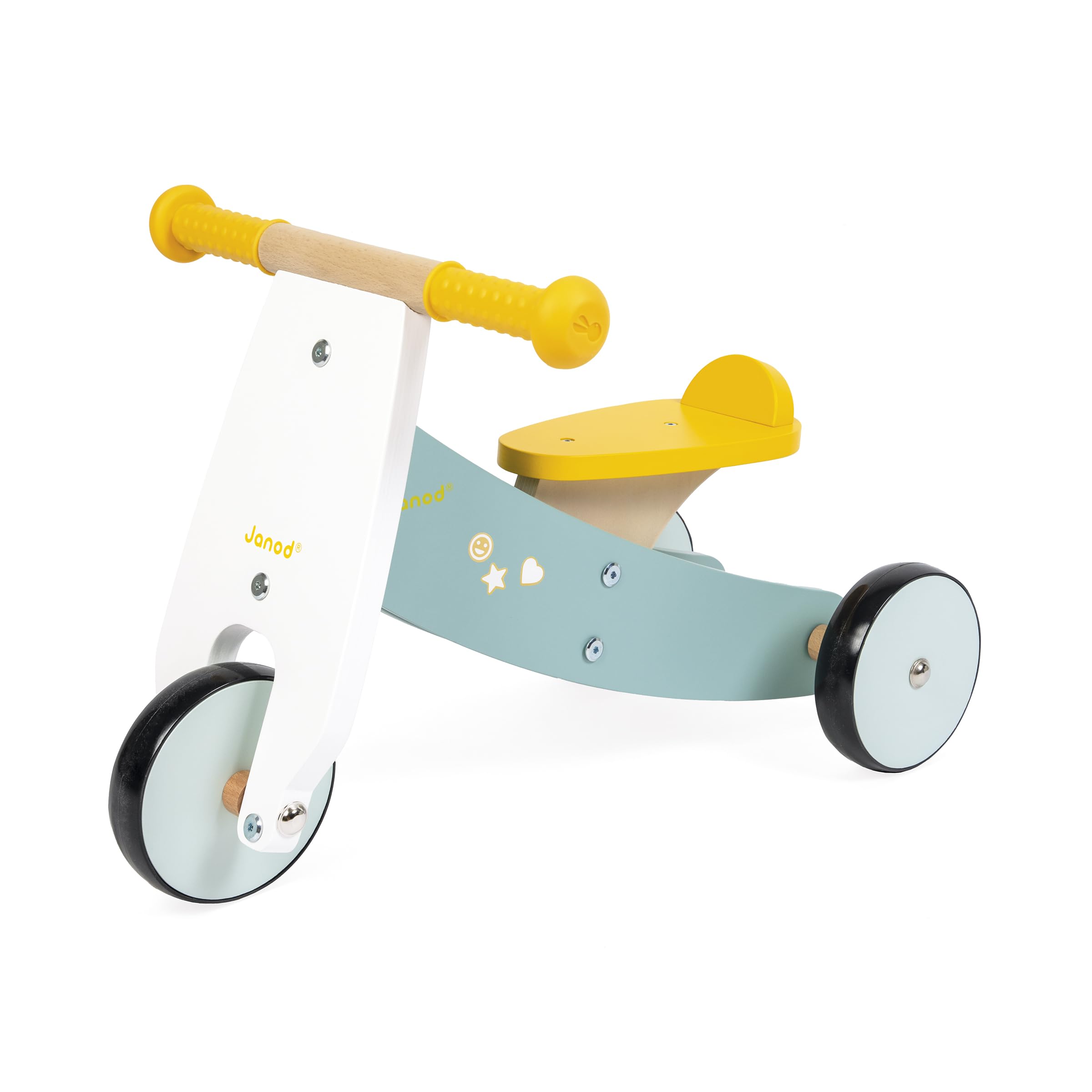 Janod Drewniany rower trójkołowy z możliwością personalizacji – wysokość siedziska 23 cm – drewniana zabawka do jazdy – wiek od 12 miesięcy