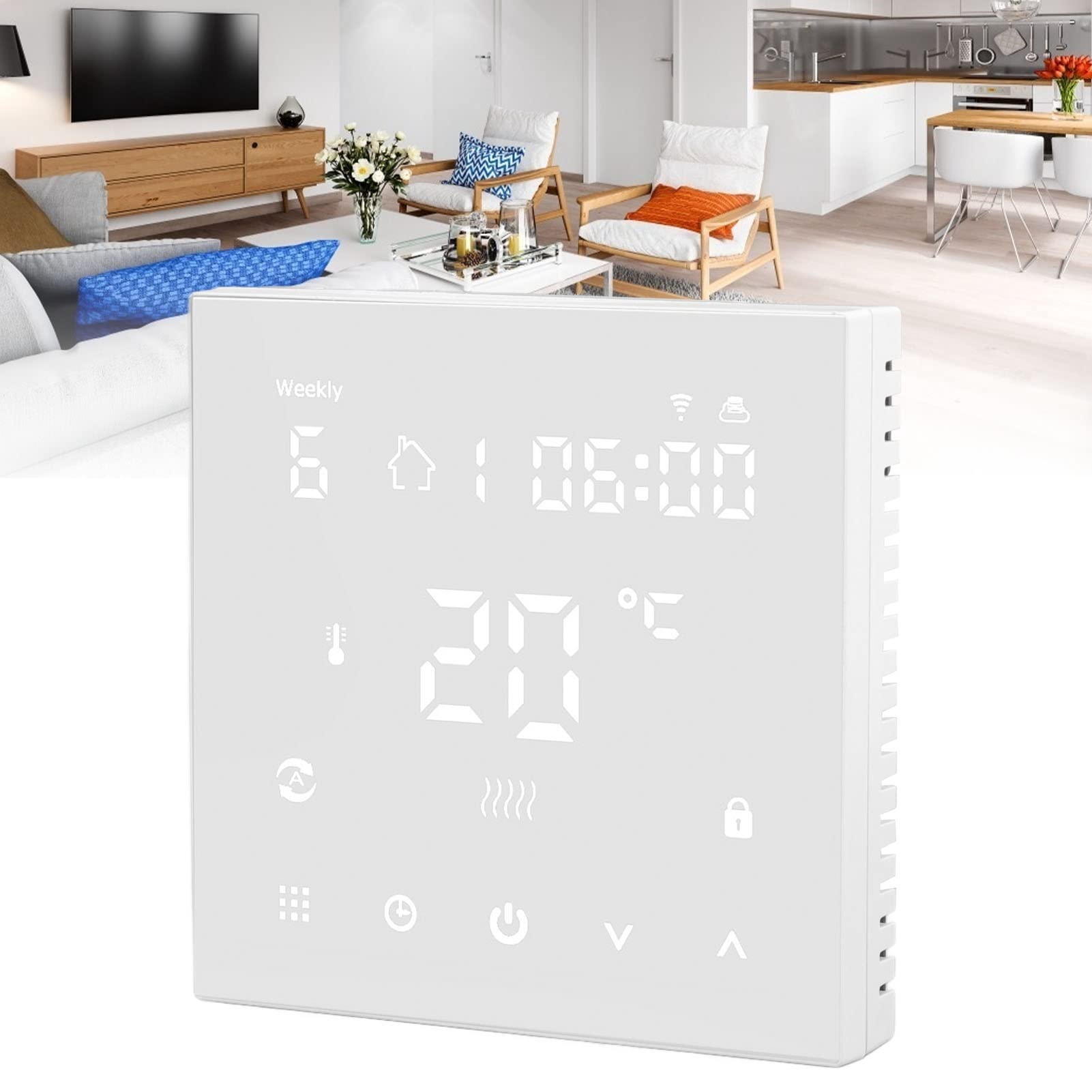 Termostato WiFi digitale con schermo touch, controllo vocale tramite app, termostato intelligente con autocalibrazione per riscaldamento a pavimento.