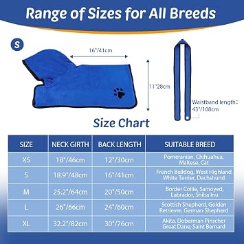 Dog Bathrobe with Hood, Absorbent Dog Bathrobe for Drying After Bathing, Towel for Cats and Dogs of All Breeds, S (Blue)