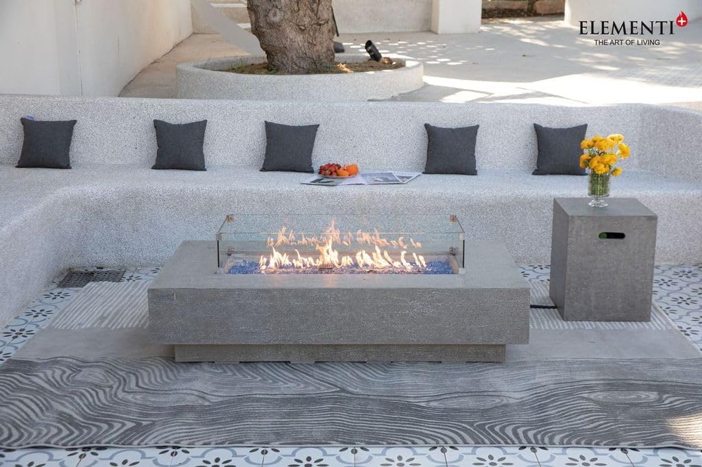 Elementi+ | Bundle Riviera Gas Fire Pit Cast Concrete 60" Rectangular Fire Table, Outdoor Fire Pit Electronic Ignition | Canvas Cover, Fire Glass and Burner Lid Included | Light Gray | Natural Gas