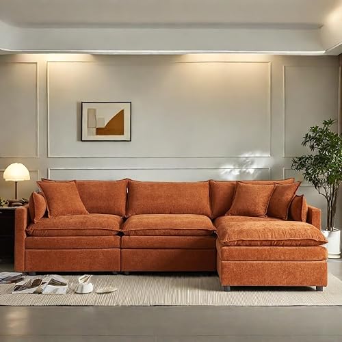 Couch, L-Shaped Sectional Sofa, Luxury Chenille Fabric Sofa Couch with Foam Cushions, Comfy Upholstered Modular Sofa with Ottoman for Living Room, Apartment & Office, Orange