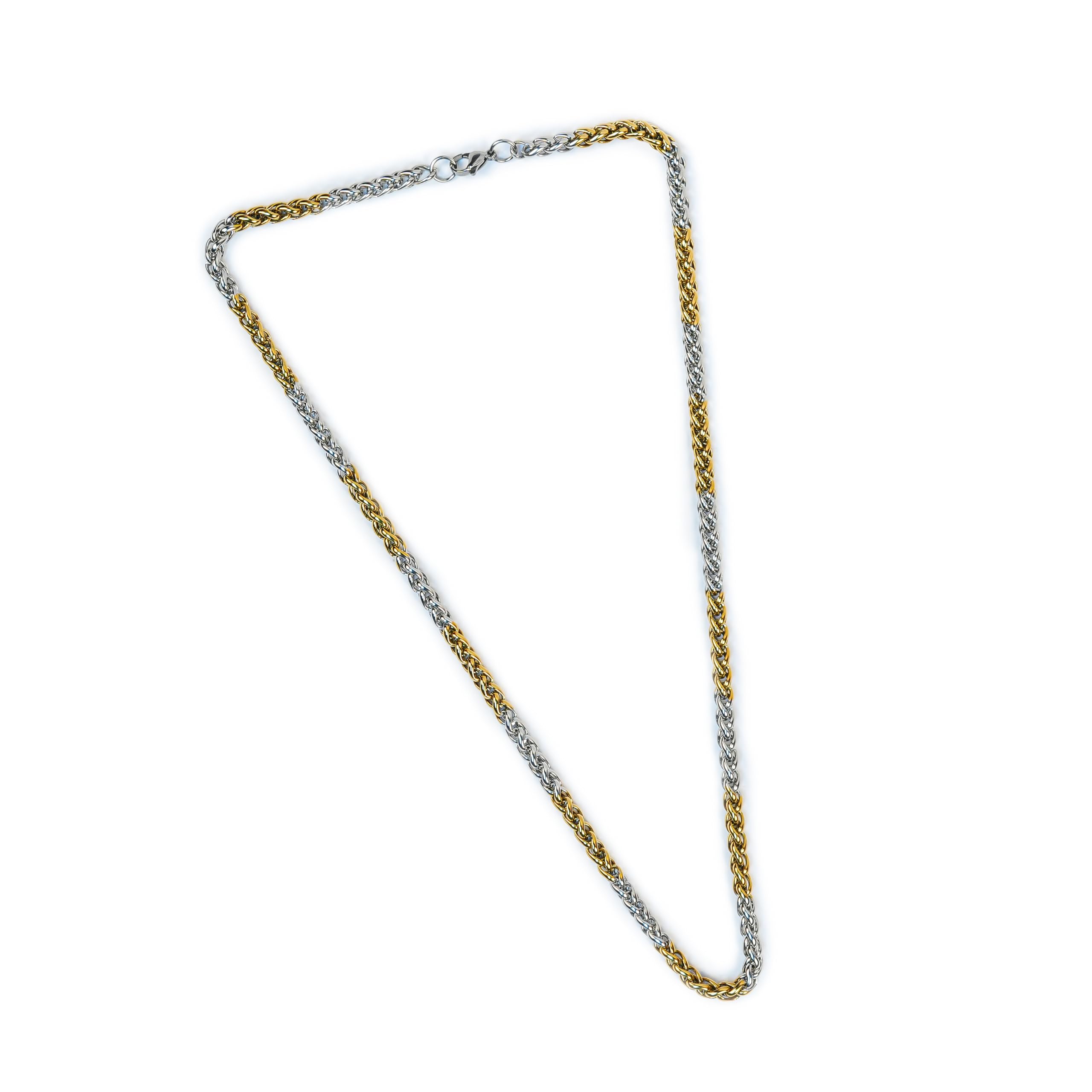 Men Stainless Steel Two-Tone Braided Wheat Chain Necklace with Silver and Gold Finish Tones, 5mm Link Neck Chain Demifine Imitation Jewelry | Multicolor