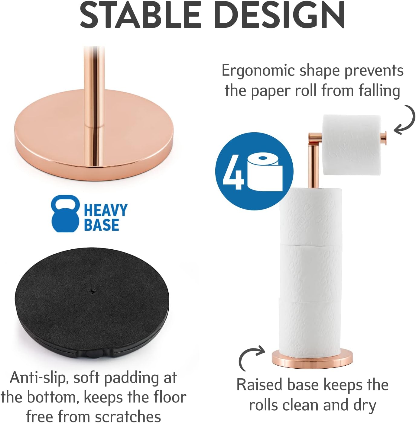 Tatkraft Tess Toilet Paper Stand Storage, Toilet Paper Roll Holder, Rose Gold, 15x42 cm, Rose Gold, 4 Rolls - Image 3