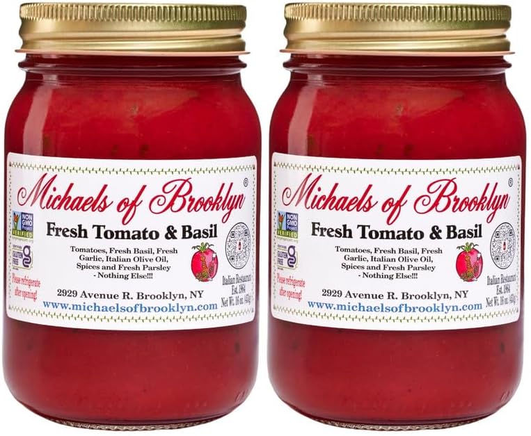 Michaels Of Brooklyn Tomatoes & Fresh Basil Pasta Sauce, Non-GMO, Gluten-Free & Yeast-Free, Made with Garlic, Olive Oil & Parsley, 16 oz, 2-Pack