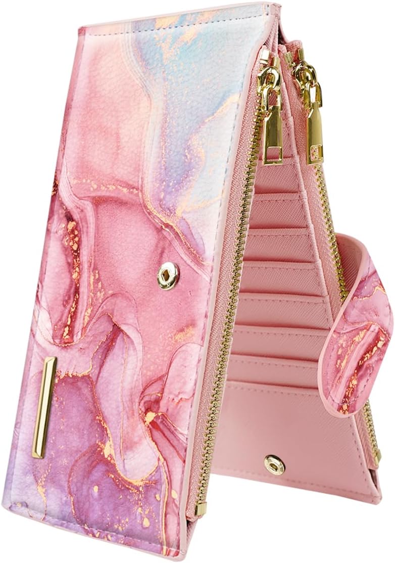 Womens RFID Blocking Large Capacity Wallet Multi Card Organizer Bifold Wallet for Women with Zipper Pocket, Red Marble