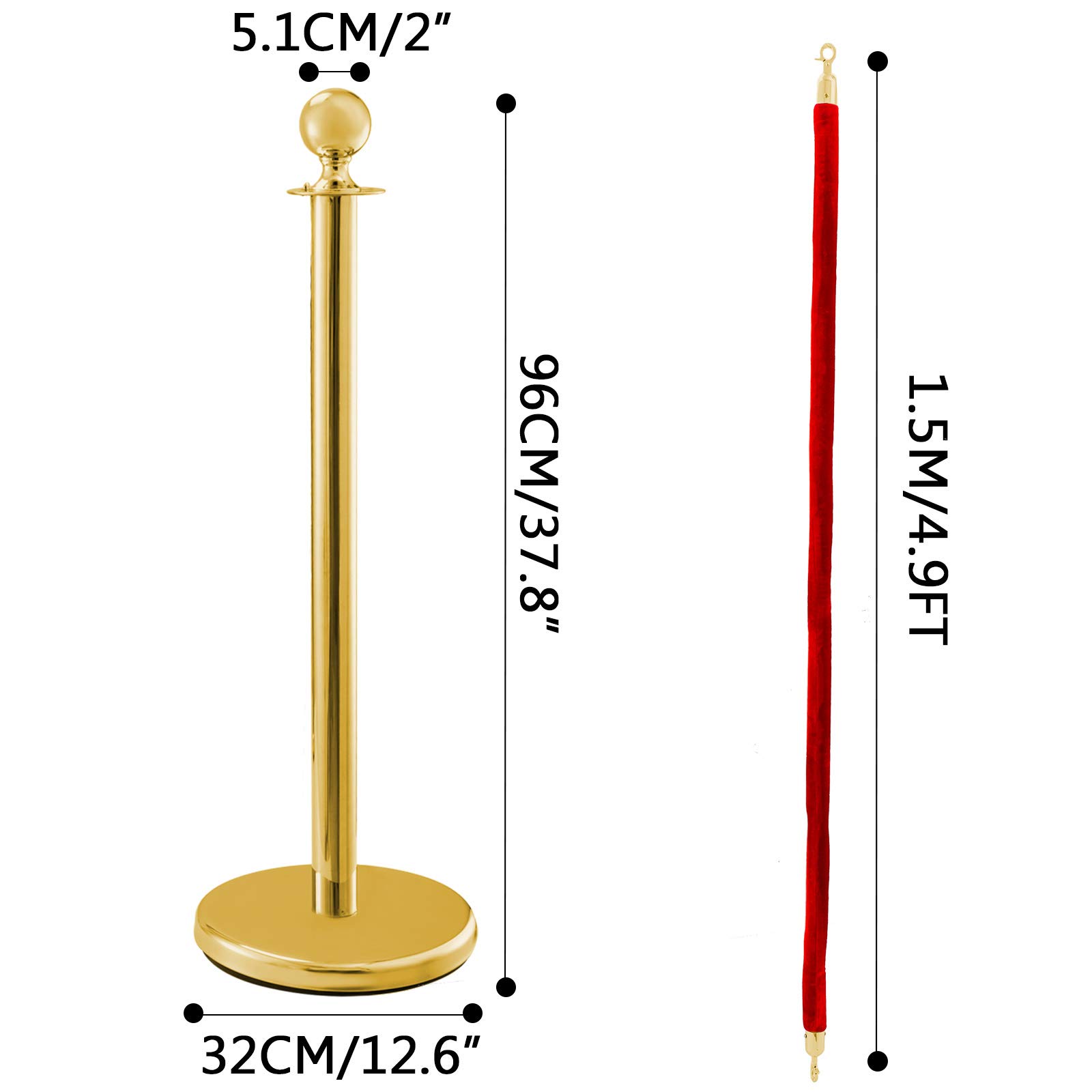 Transenne Eliminacode Paletti Delimitazione in Acciaio Inox 2 Corde di Velluto Rosso Confezione da 4 Paletti d'Oro