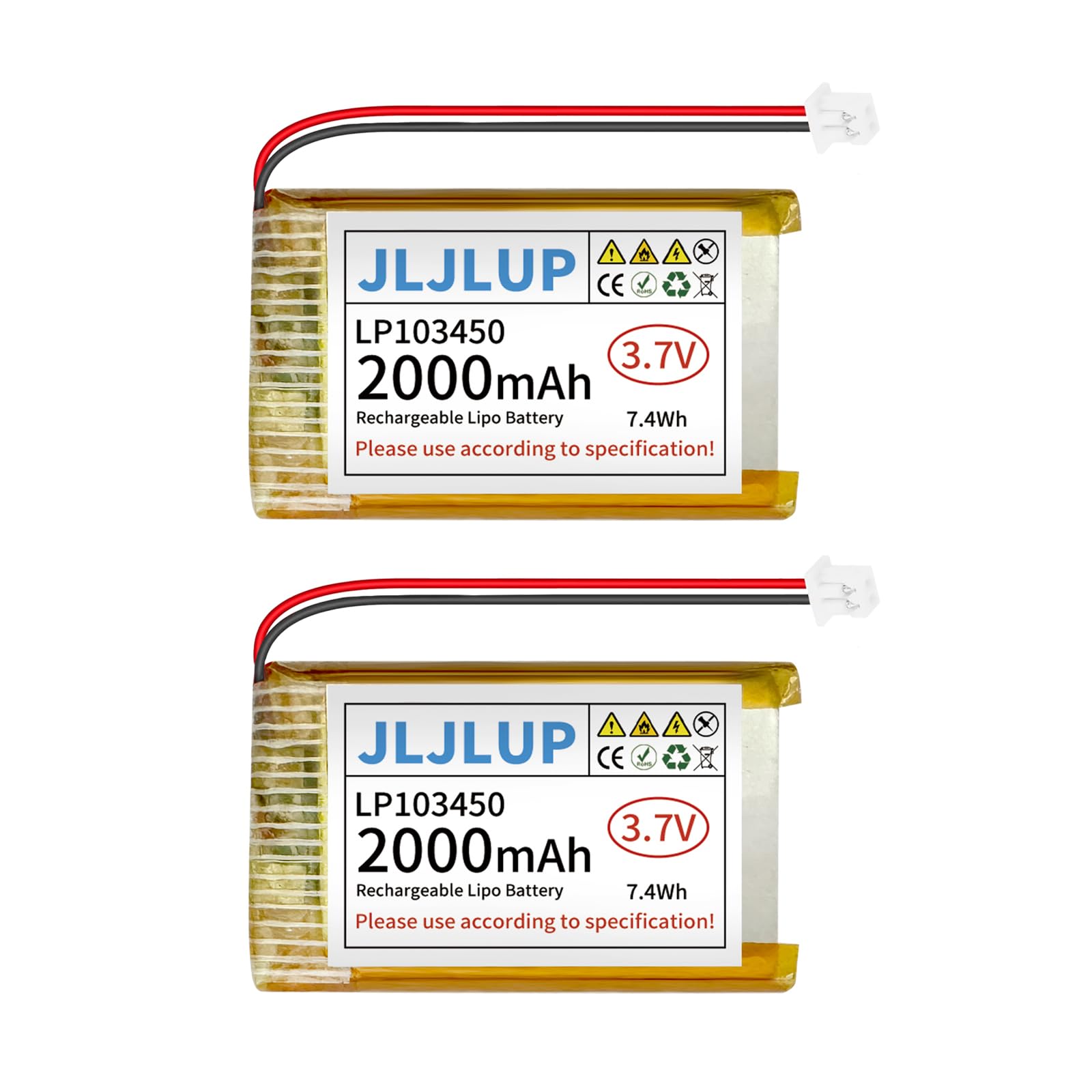 2Pcs 3.7V Lipo Battery 2000mAh Pack with PH 2.0mm Connector