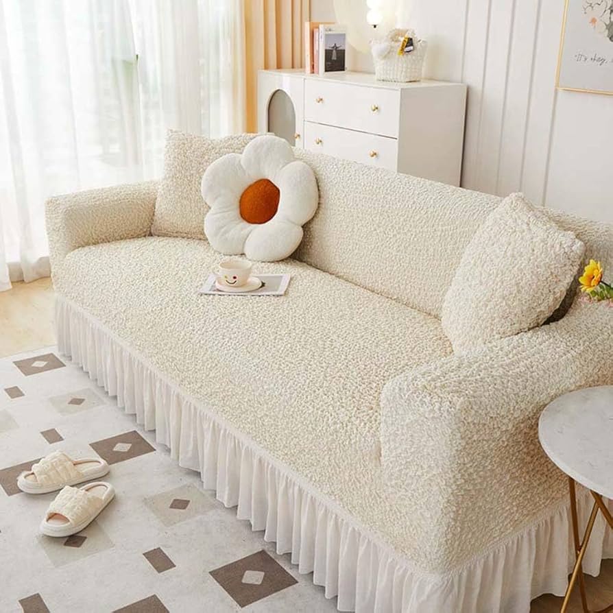 新品【フリルフィットソファーカバー 　3人掛け】 アイボリー 　ストレッチ 新品【フリルフィットソファーカバー 3人掛け】 アイボリー