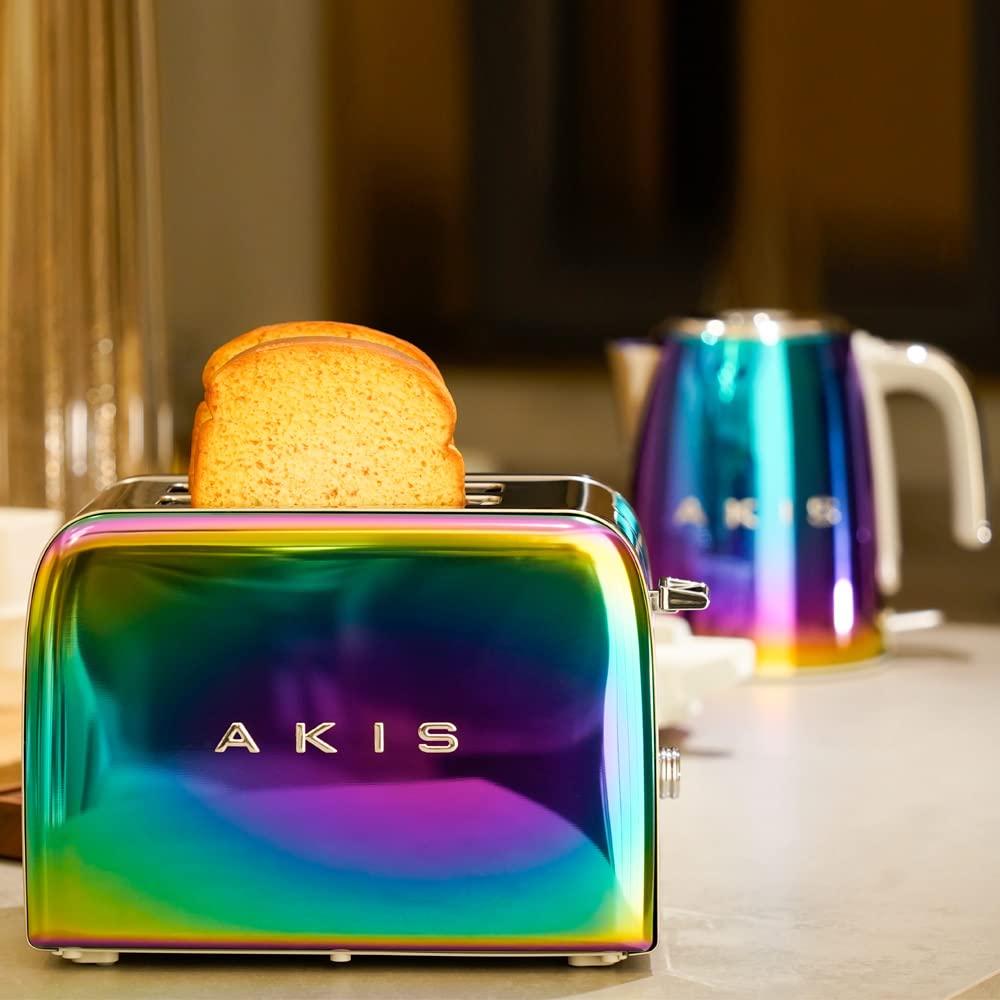 AKIS La Fête Design Toaster und Wasserkocher Set Edelstahl Regenbogen 850W 1,7L 2400W