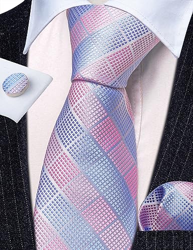 Image of Barry.Wang Plaid Ties Check Mens Necktie Set with Handkerchief Cufflinks Classic Stripe