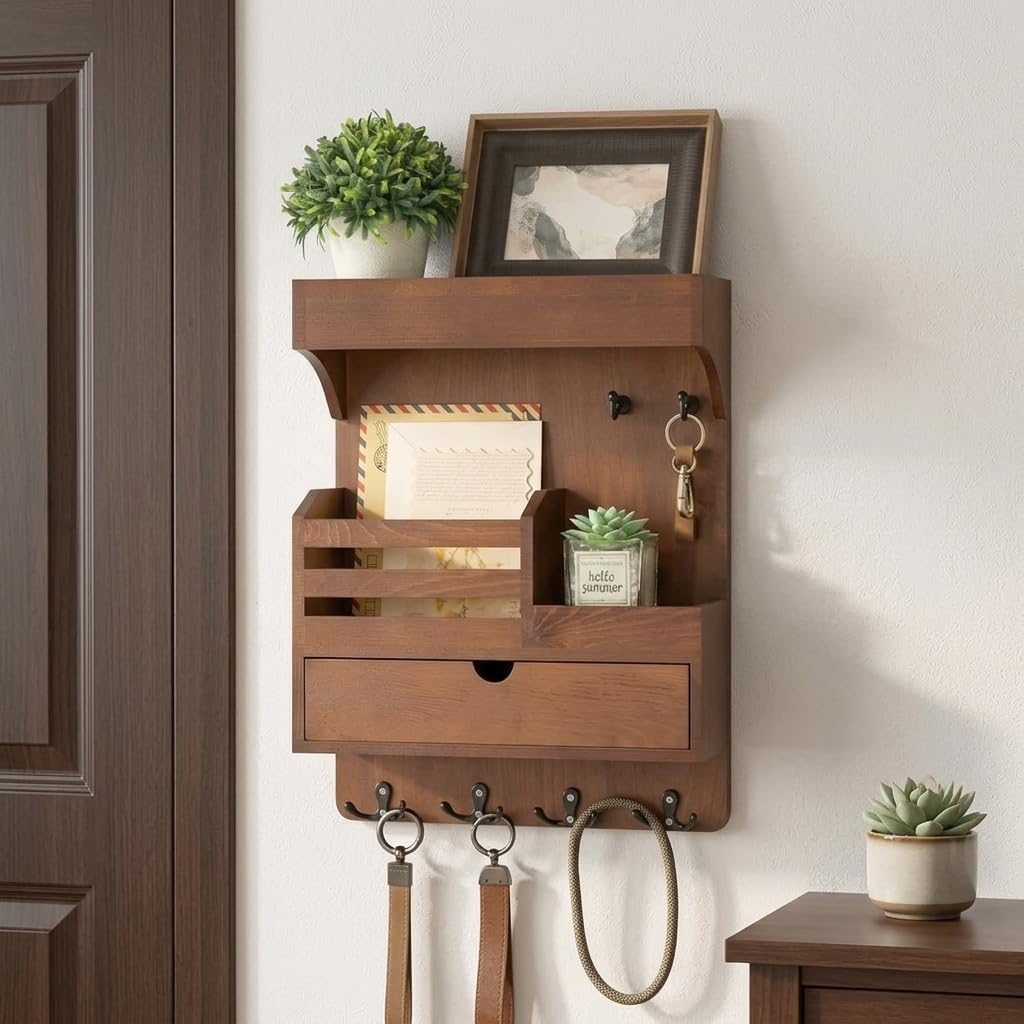 Wall Mount Key Holder Pine Shelf with Drawer and 6 Hooks Brown