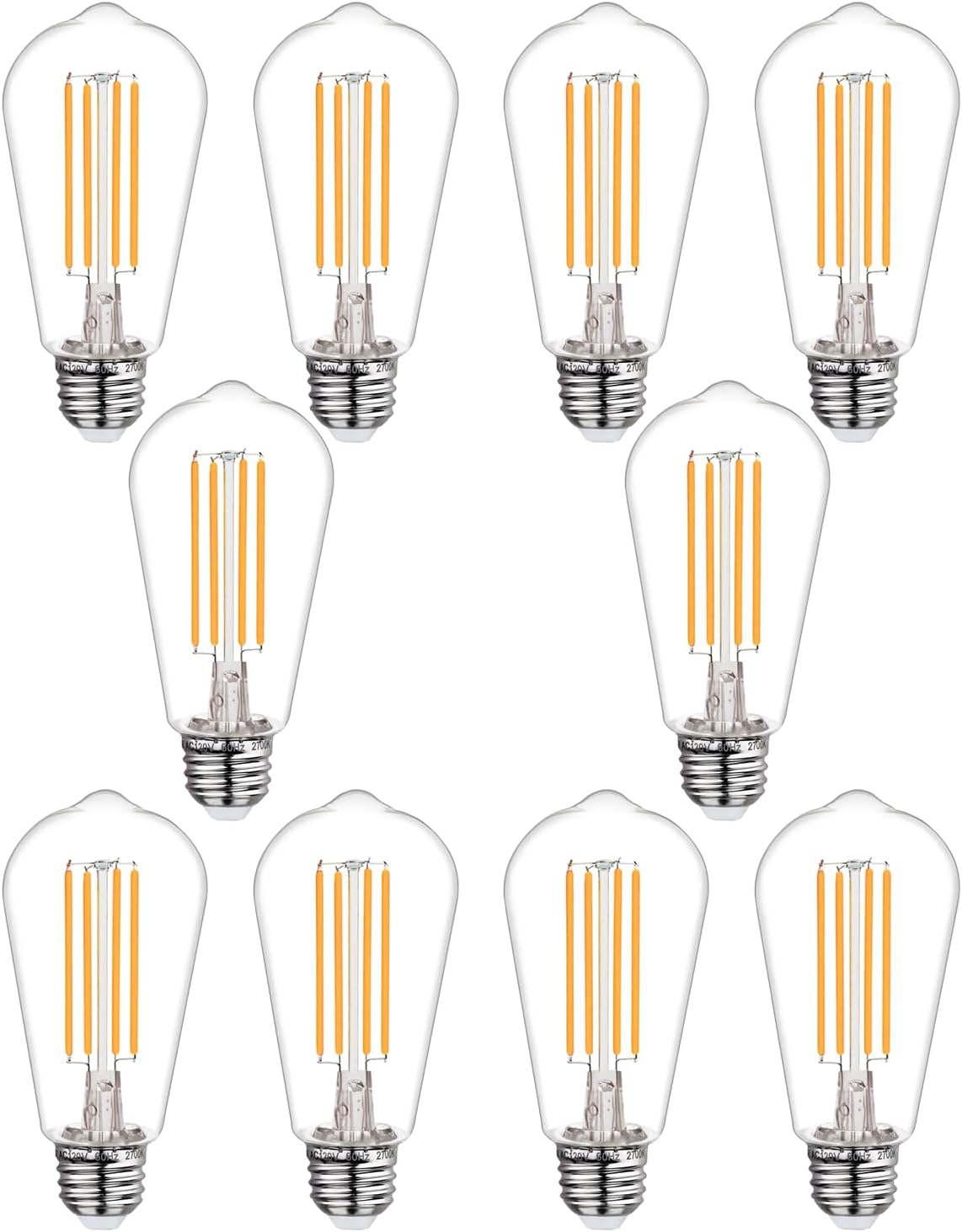 10Pack ST58 Shatterproof LED Edison Bulbs, Vintage Light Bulb 60W Equivalent - Dimmalbe 6W 800LM Warm White 2700K, Antique Decorative Filament Bulbs for Chandeliers, Pendants & Lamps.