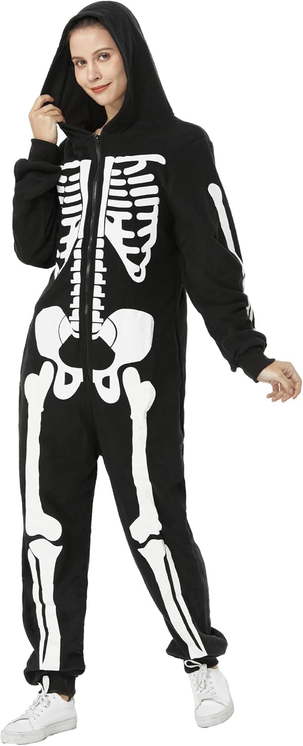 Skeleton Costume Adult Women Onesie Pajamas Cozy Halloween Costumes Outfit Suit Hoodie for Womens One Piece Jumpsuit - Image 2