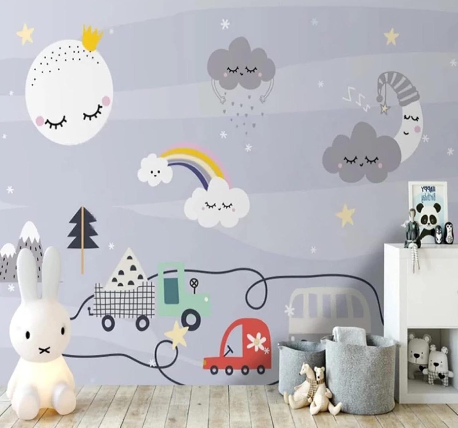 XLMING Cartoon Sky Rainbow Car Landscape 3D Wallpaper Luxury Silk Study Dining Feature Sofa Grey Bedroom Living Room Tv Decorative Wall-200cm×140cm