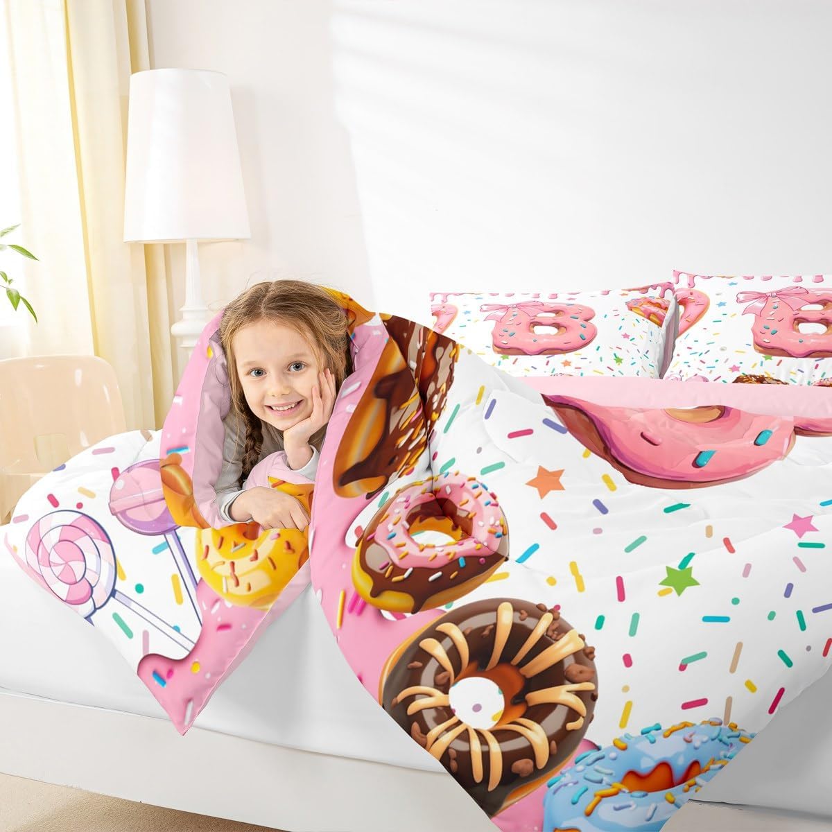 Erosebridal Initial Letter B Comforter Set Twin Size for Women Teen Girls Preppy Pink Alphabet B Kids Bedding, Cute Donut Sweet Desert Comforter Princess Dreamy Bowknot Bed Set Bedroom Decor