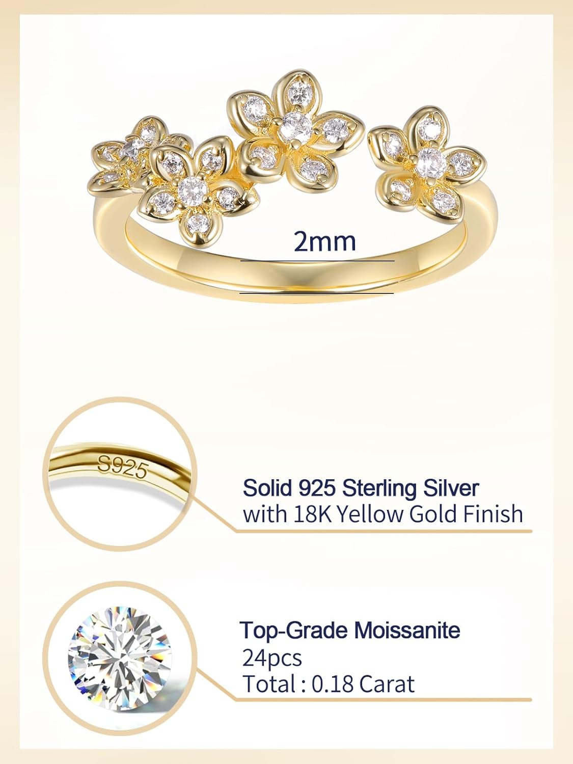 Moissanite Flower/Butterfly/Star Pretty Open Ring for Women, Adjustable Ring, Solid 925 Sterling Silver with Gold Plated, Stackable Ring, Birthday Valentines Anniversary Mothers Day Ideal Gift for Her - Image 5