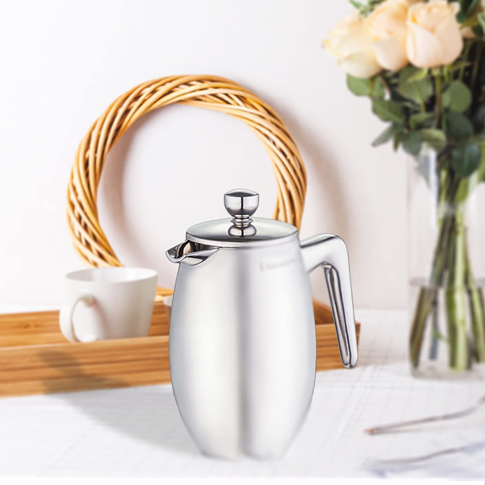 Cafetera de Prensa Francesa Cafetería De Doble Capa De Acero Inoxidable Filtro Francés De Filtro Francés Pout En Forma De U Teat para café filtrado(350ml)