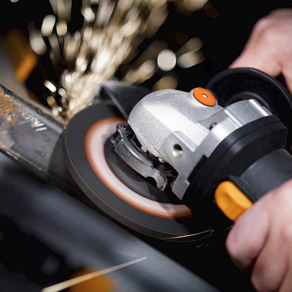 WORX Amoladora angular WX718 de 900 W. Amoladora compacta con mango ajustable y mango adicional sin vibraciones para lijar y cortar. Diámetro del disco de 125 mm. Velocidad de ralentí 12000/m