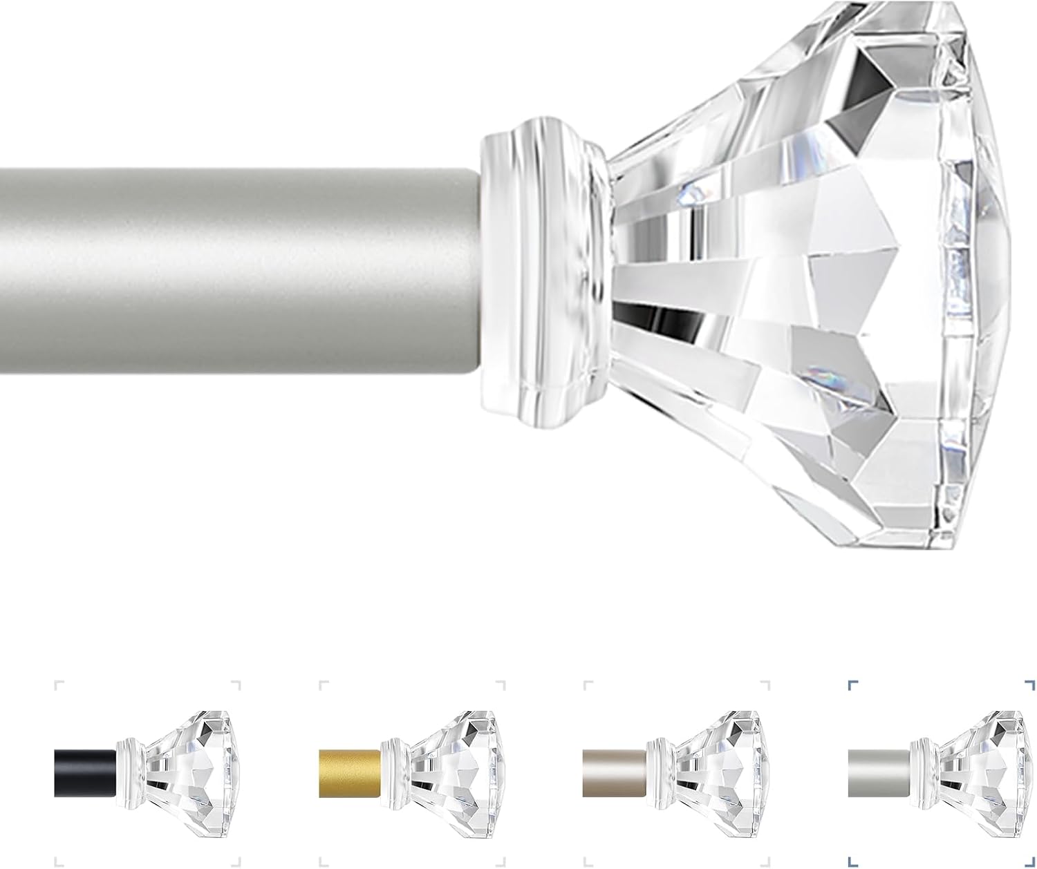 Silver Decorative Crystal Curtain Rods 18 to 45 Inch:Heavy Duty Adjustable Window Curtains Rods for Living Room Bedroom,Nickel Modern Girly Acrylic Drapery Rod with Clear Bling Diamond Finials