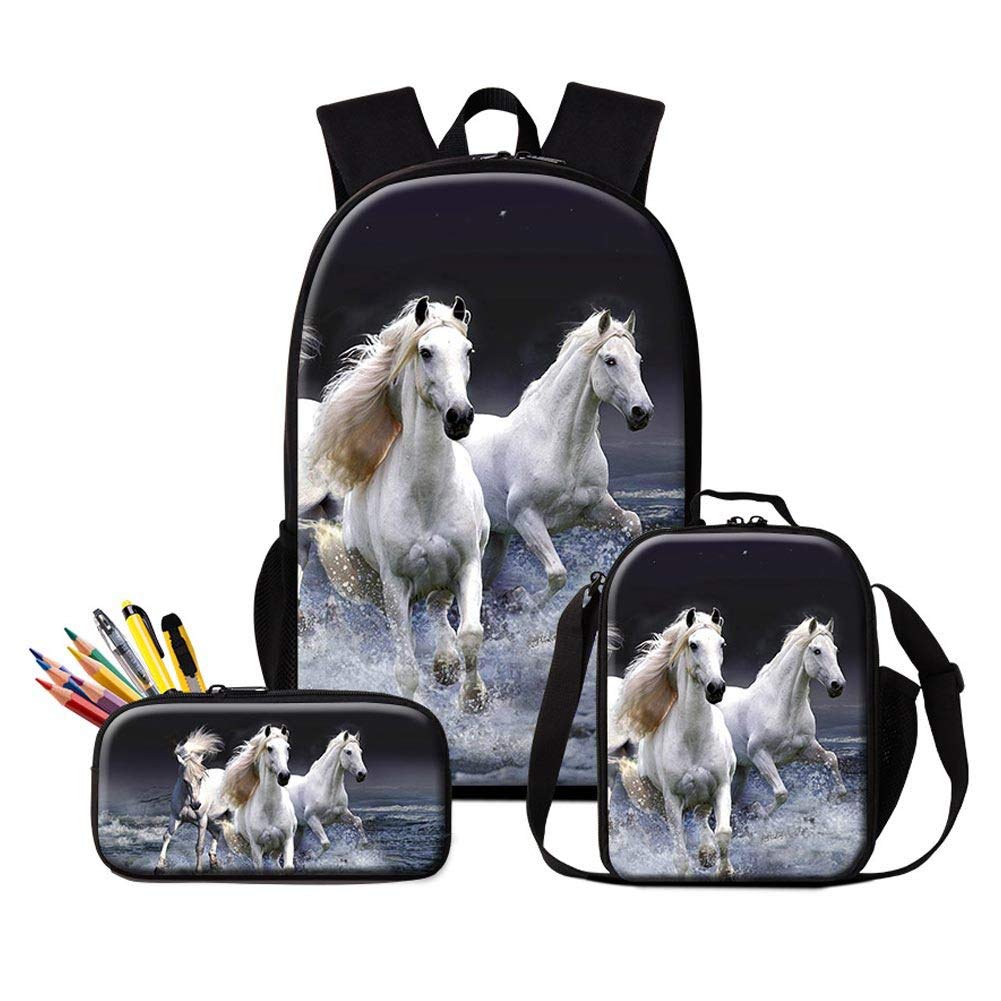 Dispalang Horse Backpack and Cooler Bag for Boys Animal Print School Bookbag Girls Satchel Bagpack Pencil Case