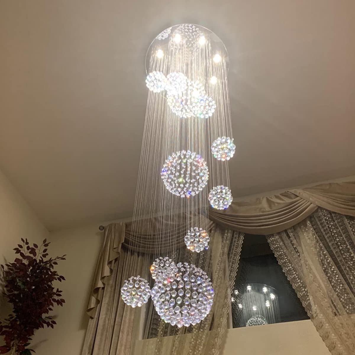 Staircase Chandelier, Luxury 11 Sphere Spiral Raindrop Crystal