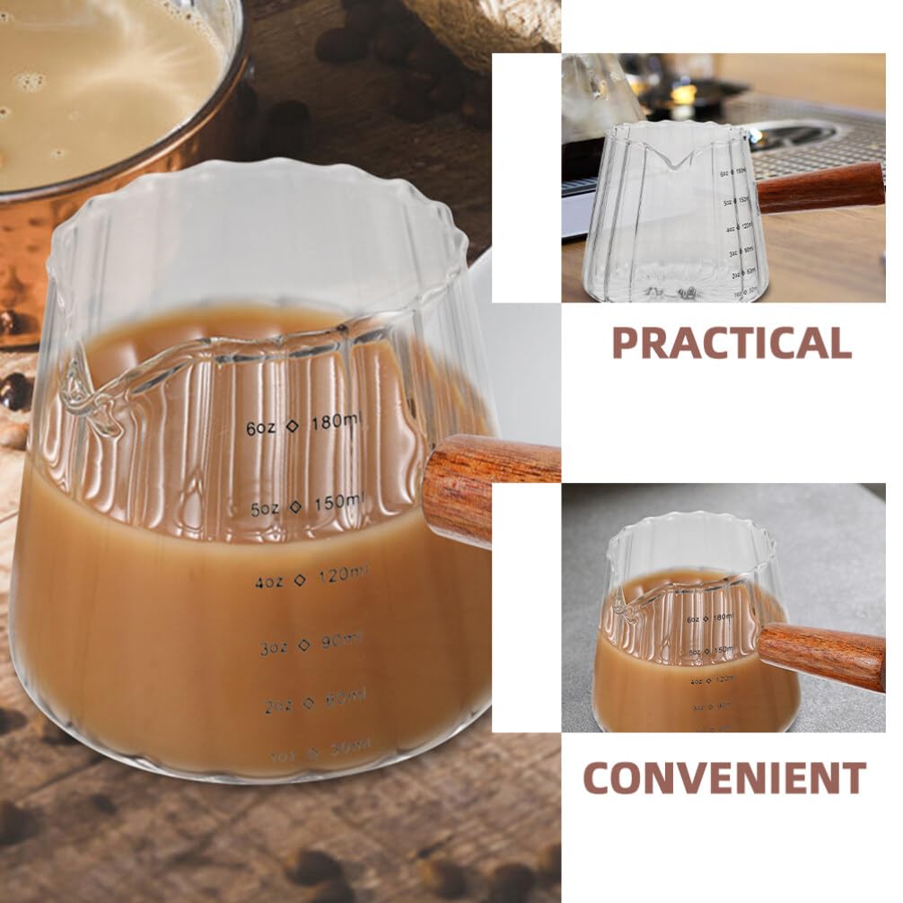 Jarra Medidora de Vidrio Pequeña 180ml Asa de Madera, 2 Piezas | Compacta y Portátil, para Medir Ingredientes, Resistente a Temperaturas, Uso en Cocina y Viajes