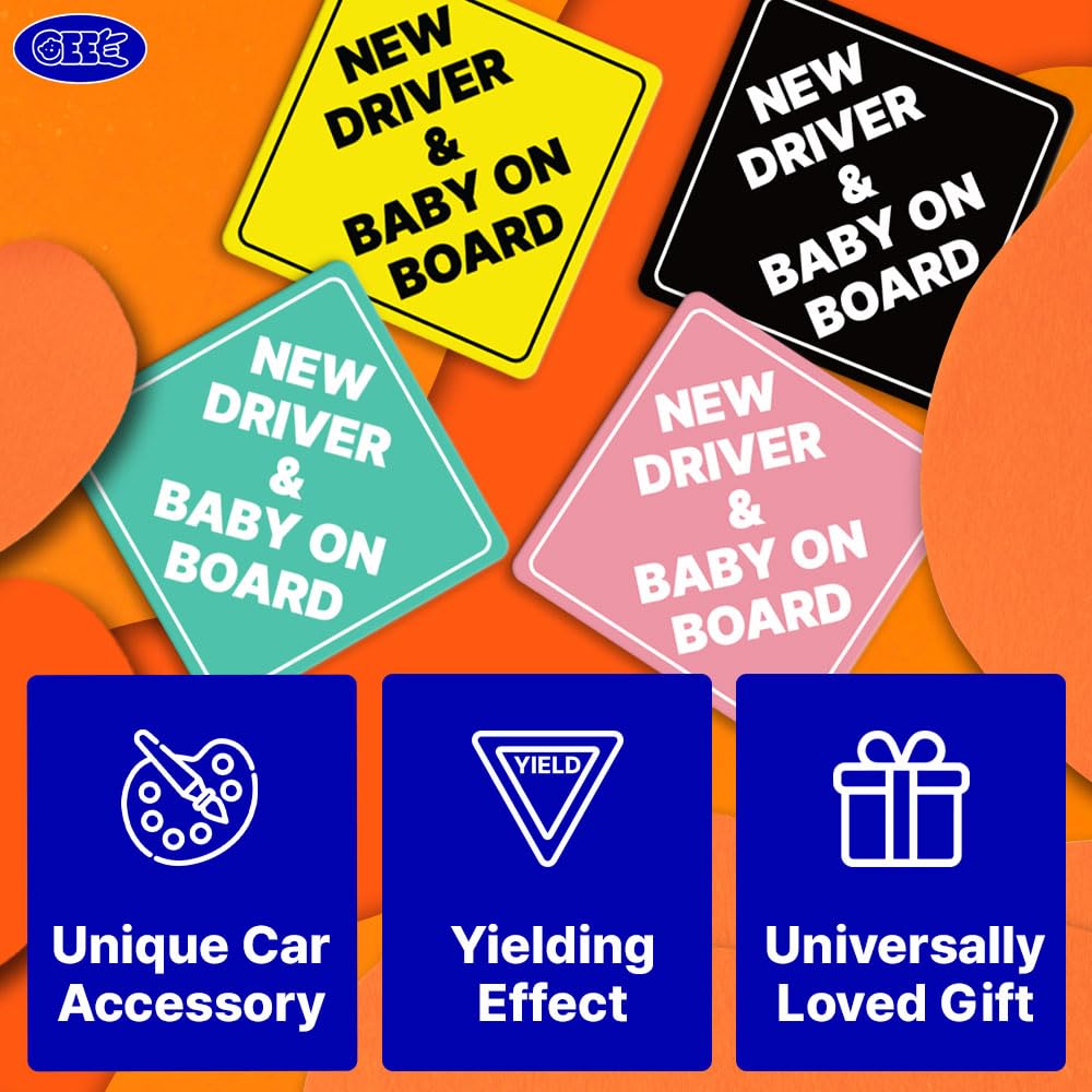 GEEKBEAR Neuer Fahrer und Baby an Bord Auto-Schild - Aufkleber oder Magnet & Farboptionen, wetterbeständig - Rautenform 17,4 cm x 17,4 cm (Yellow, Reflective Magnet)
