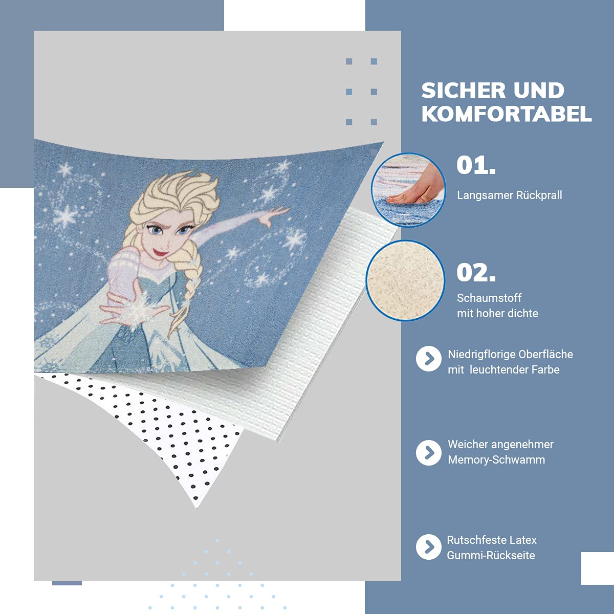 Disney Home Tappeto da gioco per bambini, con licenza ufficiale, per la cameretta dei bambini, antiscivolo, lavabile in lavatrice, motivo tappeto Disney Frozen, 80 x 120 cm