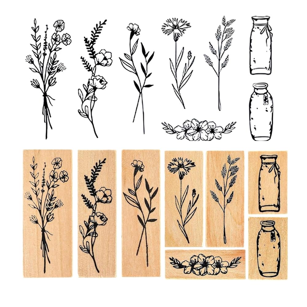 8 Piezas Madera Sellos,Goma Juego Sellos Flores Árboles Retro Personalizado Sellos Patrones Botánicos Sellos Entintado Manualidades,para Álbumes Recortes Diseño Tarjetas Pequeñas