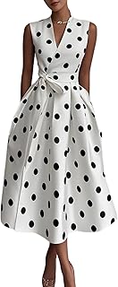 Polka Dot Midi Dress for Women Black White Sleeveless V-Neck Adjustable Waist Tie A-line Retro Parties Tea Time Dress - Buy now