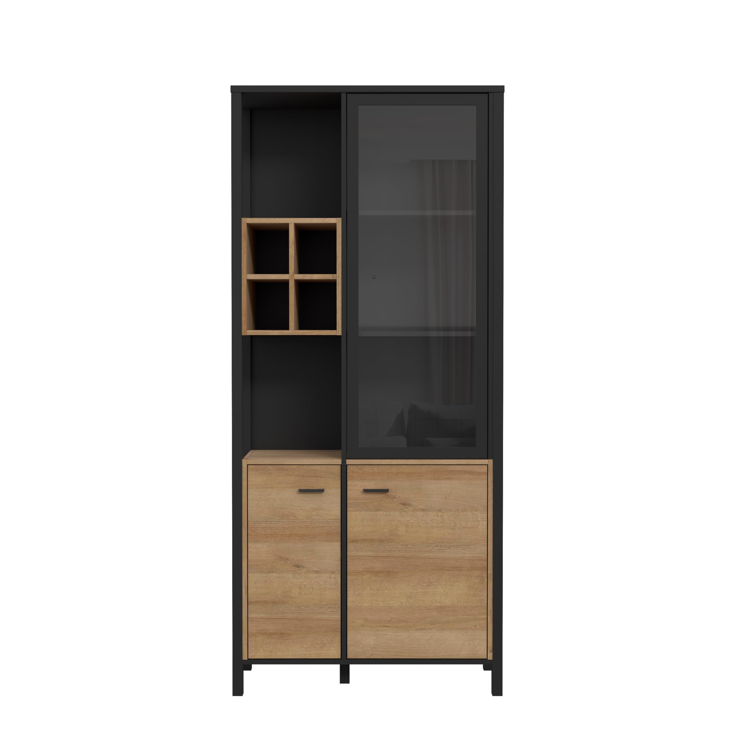 Forte HIGH Rock Vitrine 90, Vitrine mit 2 Türen und 1 Glastür, Standvitrine, Industrial Stil Vitrine, Holzwerkstoff, Riviera Eiche Holzdekor/Schwarz, 86,3 cm breit x 193,9 cm hoch x 40,2 cm tief