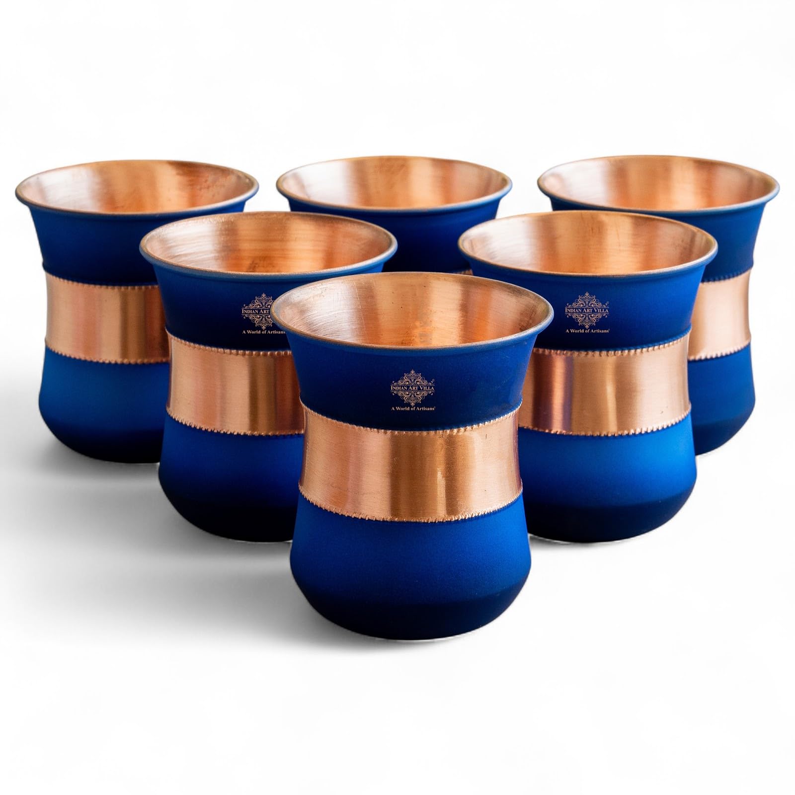 Indian Art Villa Copper Half Silk Finish Blue Ombre Glass 10 Oz Pure Copper Drinkware for Daily Use