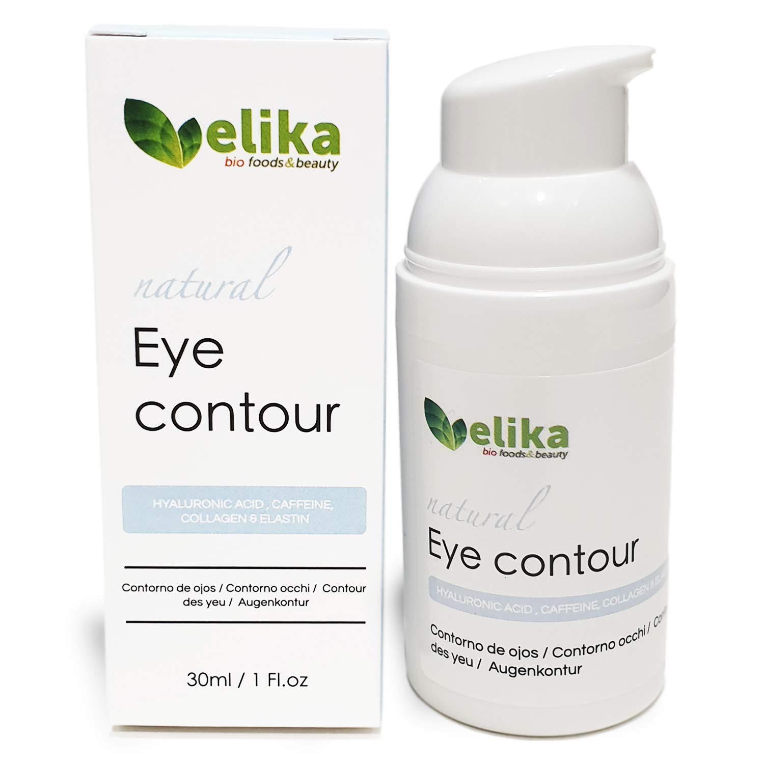 Contorno de Ojos “Carlotta” de Elikafoods®. Ácido hialurónico, cafeína, colágeno y elastina. Tratamiento anti-bolsas y ojeras. Mujer y hombre, cualquier tipo de piel, 30ml.